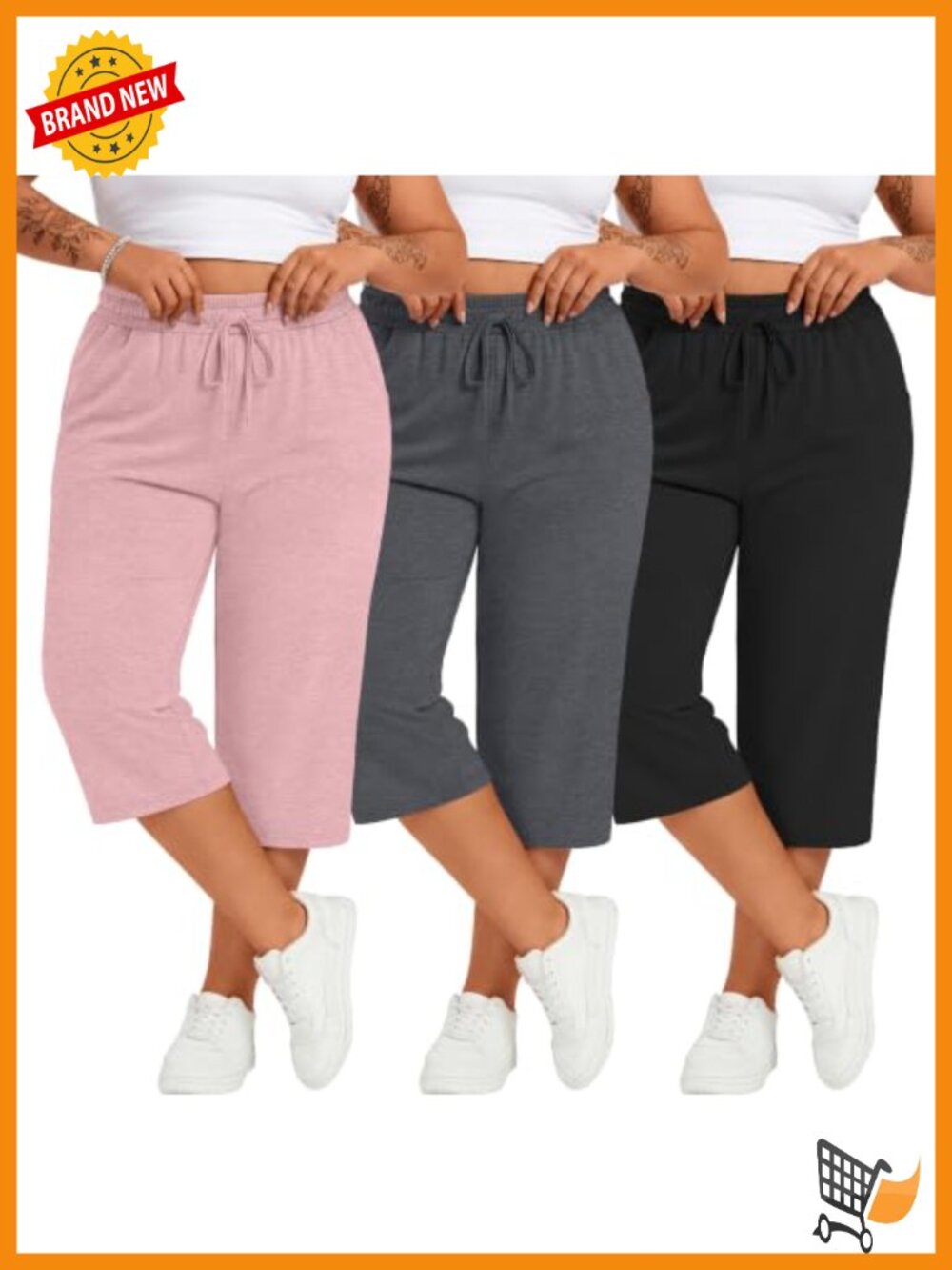 Plus Size Cotton Capris 3-Pack, Stretchy Wide Leg Cropped Lounge Pants with